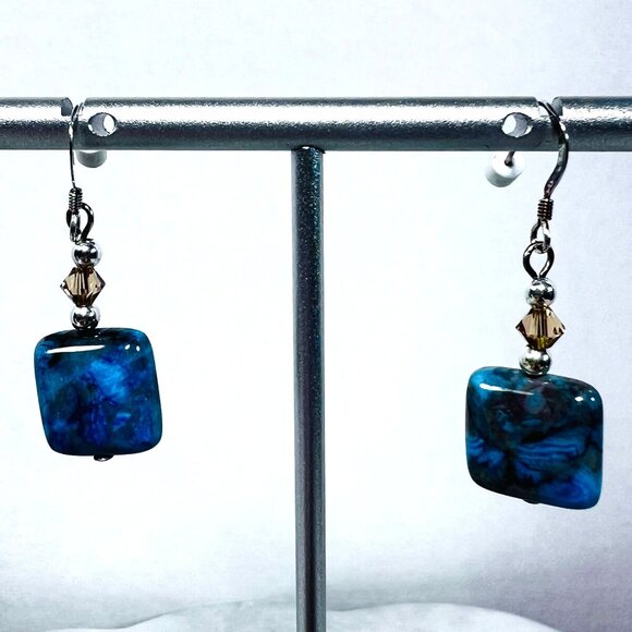 unbranded Jewelry - Silver 925 Dangle Earrings OOAK  .5" Sq Blue Brown Jadeite Bead Silver Accents
